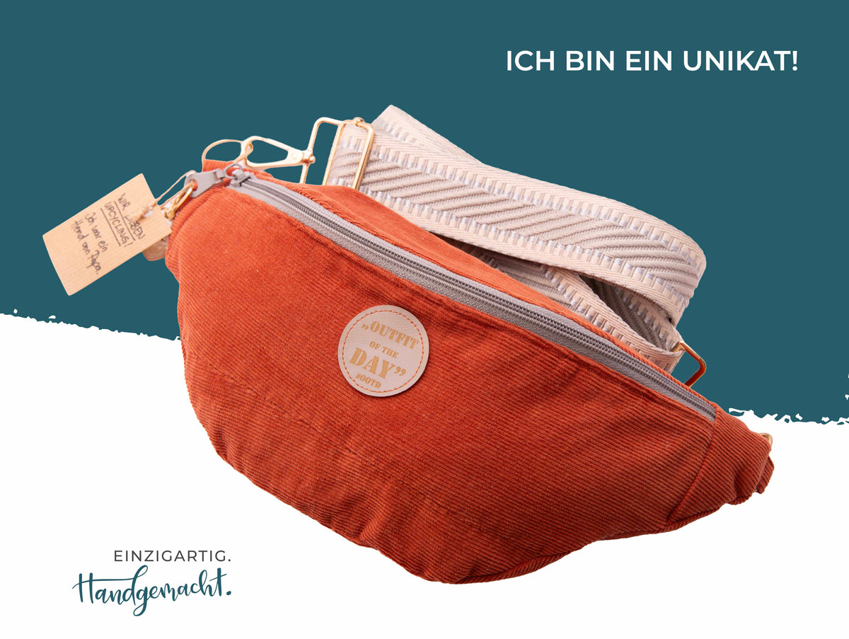 Bauchtaschenliebe „Morgenrot“ – handgemachte Cord-Bauchtasche in Rostorange